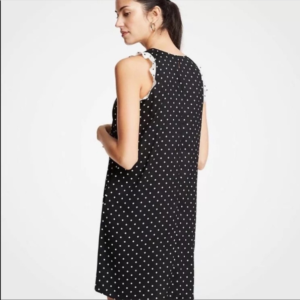 Ann Taylor Black Polka Dot Ruffle Shift Dress Size Small Petite - Picture 2 of 16